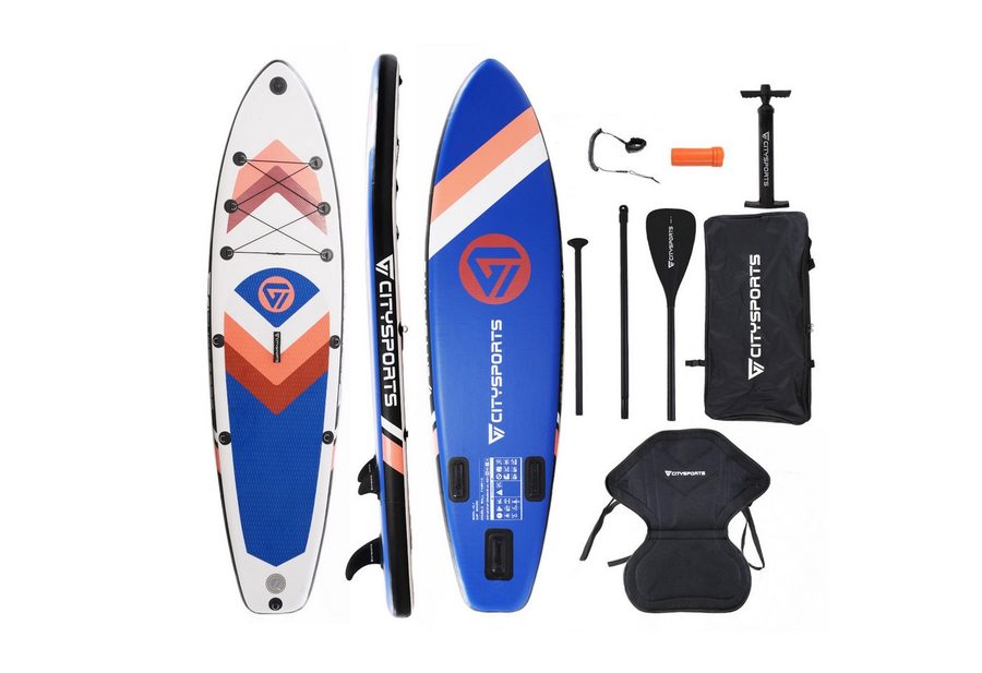 CITYSPORTS Inflatable SUP-Board aufblasbares Stand Up Paddle Board set bis 160/220 kg, Komplettset mit Paddel, Pumpe, Rucksack, Leash, Finnen & Kajak-Sitz von CITYSPORTS