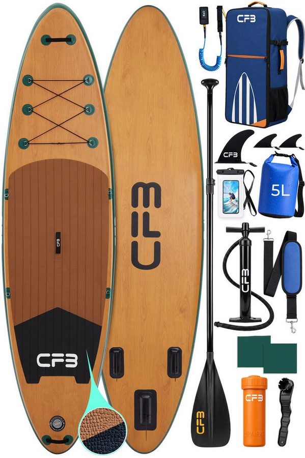CFB SUP-Board Set 320x84x15 cm, Bis zu 160 kg, extra breites iSUP, aufblasbares Stand Up Paddle Board, (großes EVA-Deckpad, SUP Komplett-Set, 12 tlg., mit Paddel, Pumpe, Rucksack, Drybag, Handyhülle & Schultergurt), Surfboard, Paddelboard mit 3-Finnen-System für Anfänger und Erwachsene von CFB