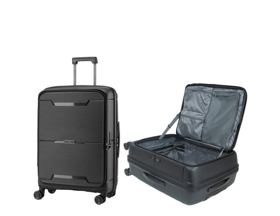 Super Solu Hartschalen-Trolley Erweiterbarer Hartschalenkoffer, Frontöffnung Reisekoffer aus PP, 4 Rollen, 360° Doppelrollen, L/24 Zoll, Schwarz, TSA-Zahlenschloss, Polypropylen von Super Solu