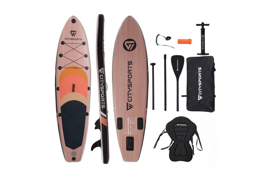 CITYSPORTS Inflatable SUP-Board aufblasbares Stand Up Paddle Board set bis 160/220 kg, Komplettset mit Paddel, Pumpe, Rucksack, Leash, Finnen & Kajak-Sitz von CITYSPORTS