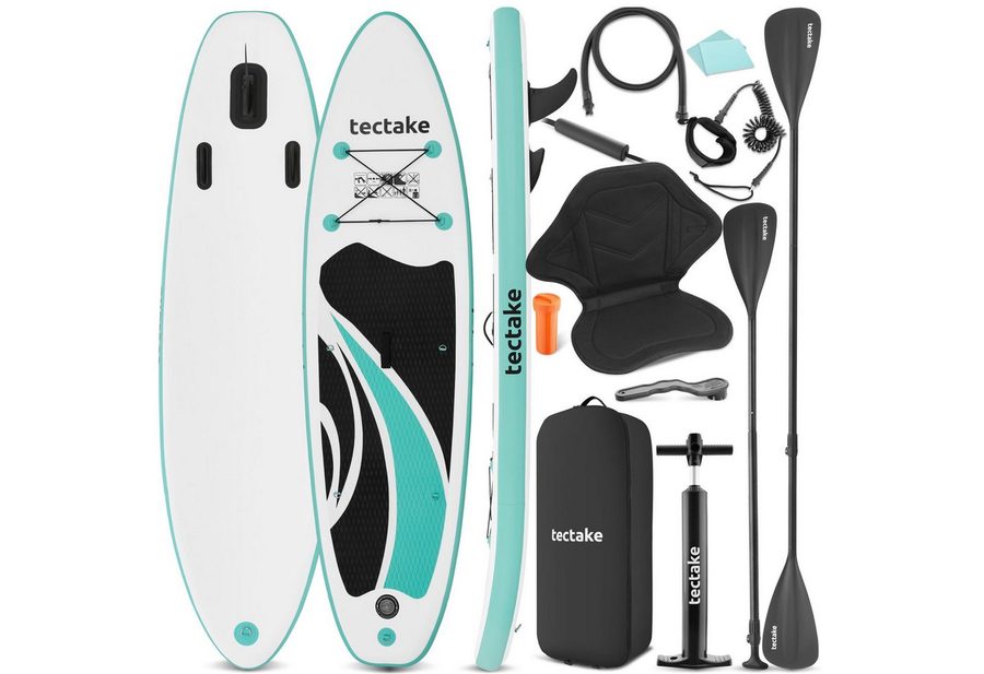 tectake SUP-Board Aufblasbares Paddle Board 2in1 mit Kajaksitz, Drop-Stitch, Stand-up Paddle, (Sup Board Mit Kajaksitz Zenon, in Weiß/türkis), Belastbar bis 200 kg, Inkl. Zubehör, verstellbares Doppelpaddel von TECTAKE