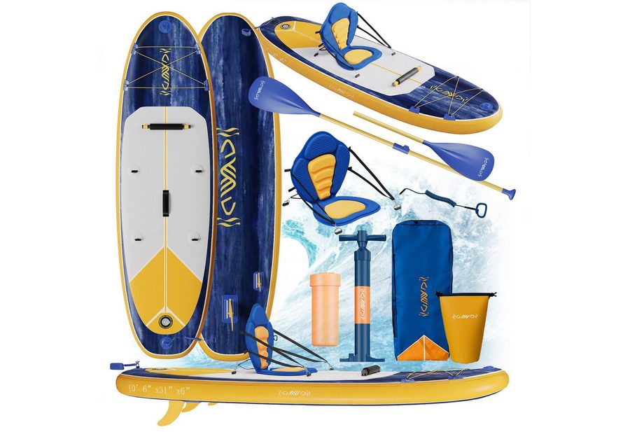 GUNJI Inflatable SUP-Board Aufblasbares 320*80*15CM stehendes Zellstoffbrett Tragfähigkeit 130KG, (Mit Kajaksitz, Rucksack, Pumpe, Doppelpaddeln, Sportkamerahalter, wasserdichter Handytasche, ideal zum Surfen, Angeln) von GUNJI