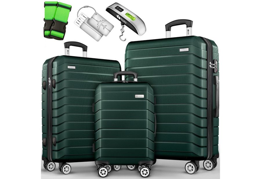 tillvex Trolleyset tillvex® Reisekoffer Set Koffer Hartschale Trolley Kofferset Tasche, (TSA Schloss Rollkoffer S-M-L-XL, 3 tlg., 4 Rollen Trolley Gepäck Koffer), Reisekoffer Set 3-TLG. + Gepäckwaage, 6X Gurte & 3X Anhänger Kofferset von tillvex