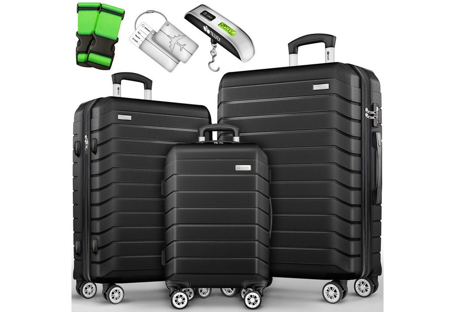 tillvex Trolleyset tillvex® Reisekoffer Set Koffer Hartschale Trolley Kofferset Tasche, (TSA Schloss Rollkoffer S-M-L-XL, 3 tlg., 4 Rollen Trolley Gepäck Koffer), Reisekoffer Set 3-TLG. + Gepäckwaage, 6X Gurte & 3X Anhänger Kofferset von tillvex