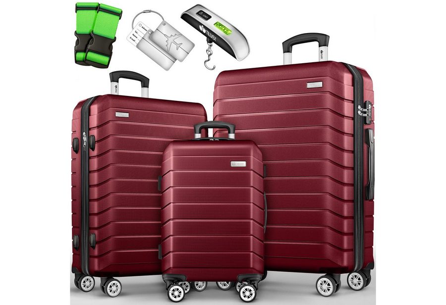 tillvex Trolleyset tillvex® Reisekoffer Set Koffer Hartschale Trolley Kofferset Tasche, (TSA Schloss Rollkoffer S-M-L-XL, 3 tlg., 4 Rollen Trolley Gepäck Koffer), Reisekoffer Set 3-TLG. + Gepäckwaage, 6X Gurte & 3X Anhänger Kofferset von tillvex