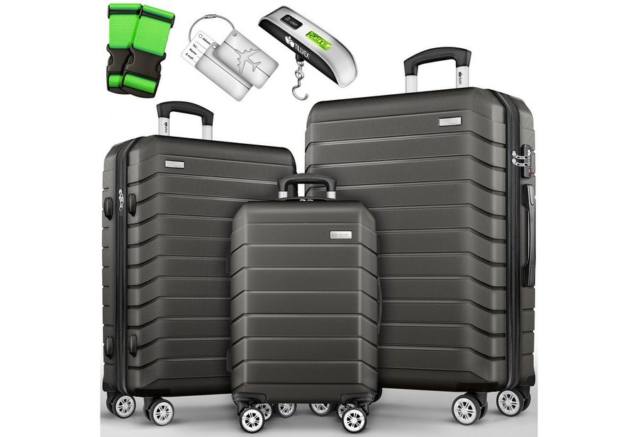 tillvex Trolleyset tillvex® Reisekoffer Set Koffer Hartschale Trolley Kofferset Tasche, (TSA Schloss Rollkoffer S-M-L-XL, 3 tlg., 4 Rollen Trolley Gepäck Koffer), Reisekoffer Set 3-TLG. + Gepäckwaage, 6X Gurte & 3X Anhänger Kofferset von tillvex