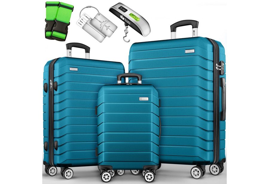 tillvex Trolleyset tillvex® Reisekoffer Set Koffer Hartschale Trolley Kofferset Tasche, (TSA Schloss Rollkoffer S-M-L-XL, 3 tlg., 4 Rollen Trolley Gepäck Koffer), Reisekoffer Set 3-TLG. + Gepäckwaage, 6X Gurte & 3X Anhänger Kofferset von tillvex