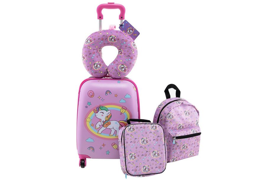 COSTWAY Kinderkoffer Set, 4 Rollen, 5 teiliges Trolley mit Handgepäck, Kissen von COSTWAY
