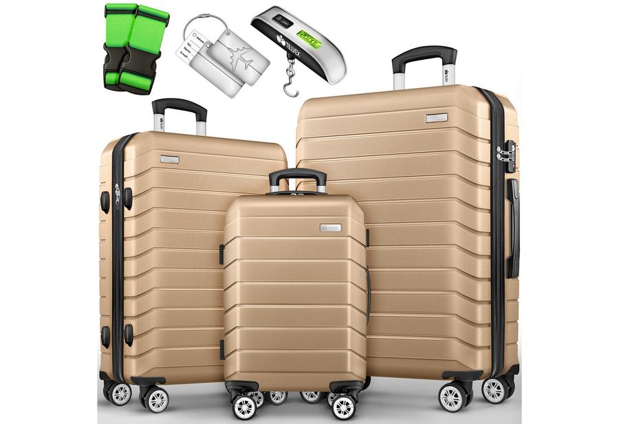 tillvex Trolleyset tillvex® Reisekoffer Set Koffer Hartschale Trolley Kofferset Tasche, (TSA Schloss Rollkoffer S-M-L-XL, 3 tlg., 4 Rollen Trolley Gepäck Koffer), Reisekoffer Set 3-TLG. + Gepäckwaage, 6X Gurte & 3X Anhänger Kofferset von tillvex