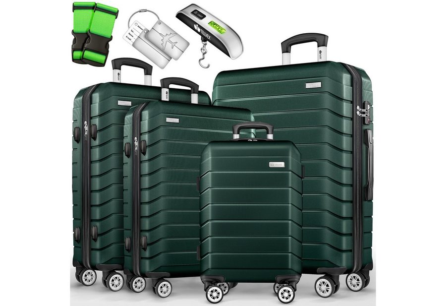 tillvex Trolleyset tillvex® Reisekoffer Set Koffer Hartschale Trolley Kofferset Tasche, (TSA Schloss Rollkoffer S-M-L-XL, 4 tlg., 4 Rollen Trolley Gepäck Koffer), Reisekoffer Set 4-TLG. + Gepäckwaage, 8X Gurte & 4X Anhänger Kofferset von tillvex