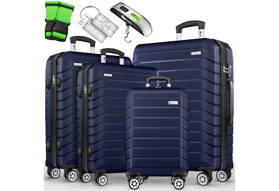 tillvex Trolleyset tillvex® Reisekoffer Set Koffer Hartschale Trolley Kofferset Tasche, (TSA Schloss Rollkoffer S-M-L-XL, 4 tlg., 4 Rollen Trolley Gepäck Koffer), Reisekoffer Set 4-TLG. + Gepäckwaage, 8X Gurte & 4X Anhänger Kofferset von tillvex