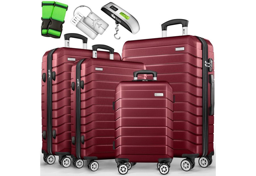 tillvex Trolleyset tillvex® Reisekoffer Set Koffer Hartschale Trolley Kofferset Tasche, (TSA Schloss Rollkoffer S-M-L-XL, 4 tlg., 4 Rollen Trolley Gepäck Koffer), Reisekoffer Set 4-TLG. + Gepäckwaage, 8X Gurte & 4X Anhänger Kofferset von tillvex