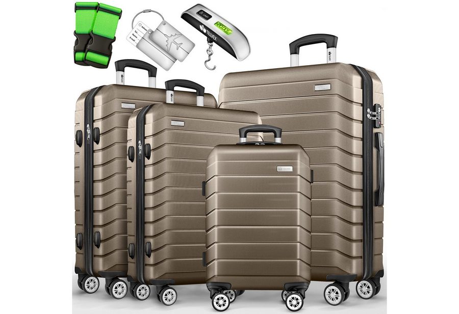 tillvex Trolleyset tillvex® Reisekoffer Set Koffer Hartschale Trolley Kofferset Tasche, (TSA Schloss Rollkoffer S-M-L-XL, 4 tlg., 4 Rollen Trolley Gepäck Koffer), Reisekoffer Set 4-TLG. + Gepäckwaage, 8X Gurte & 4X Anhänger Kofferset von tillvex