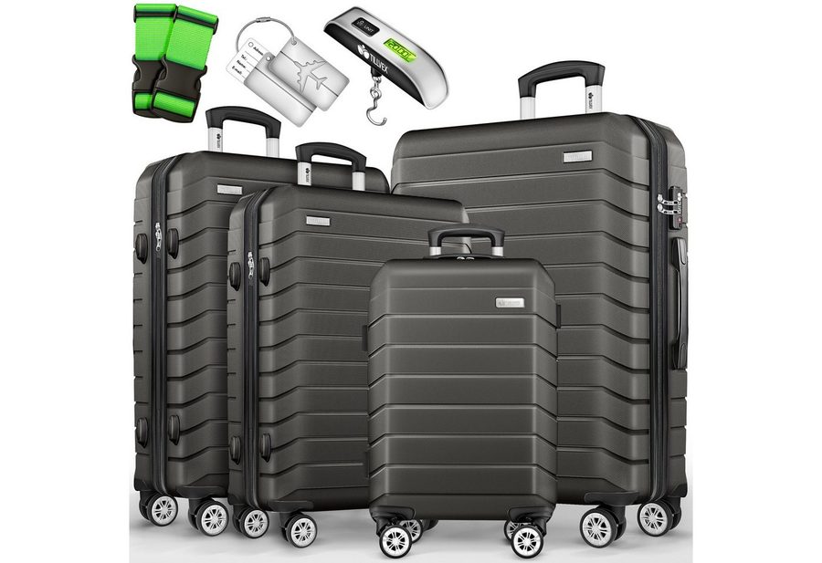 tillvex Trolleyset tillvex® Reisekoffer Set Koffer Hartschale Trolley Kofferset Tasche, (TSA Schloss Rollkoffer S-M-L-XL, 4 tlg., 4 Rollen Trolley Gepäck Koffer), Reisekoffer Set 4-TLG. + Gepäckwaage, 8X Gurte & 4X Anhänger Kofferset von tillvex