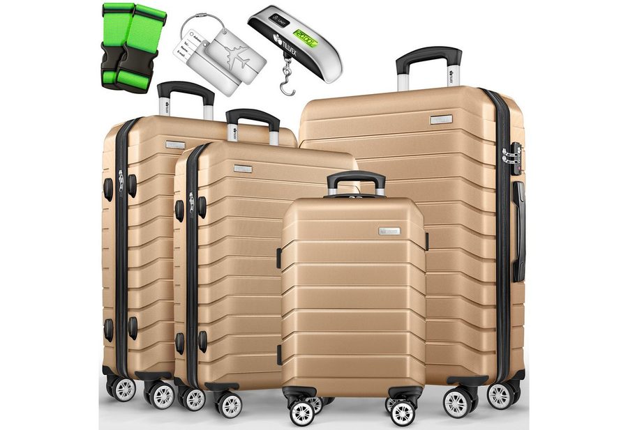 tillvex Trolleyset tillvex® Reisekoffer Set Koffer Hartschale Trolley Kofferset Tasche, (TSA Schloss Rollkoffer S-M-L-XL, 4 tlg., 4 Rollen Trolley Gepäck Koffer), Reisekoffer Set 4-TLG. + Gepäckwaage, 8X Gurte & 4X Anhänger Kofferset von tillvex