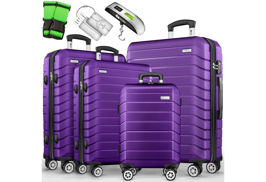 tillvex Trolleyset tillvex® Reisekoffer Set Koffer Hartschale Trolley Kofferset Tasche, (TSA Schloss Rollkoffer S-M-L-XL, 4 tlg., 4 Rollen Trolley Gepäck Koffer), Reisekoffer Set 4-TLG. + Gepäckwaage, 8X Gurte & 4X Anhänger Kofferset von tillvex