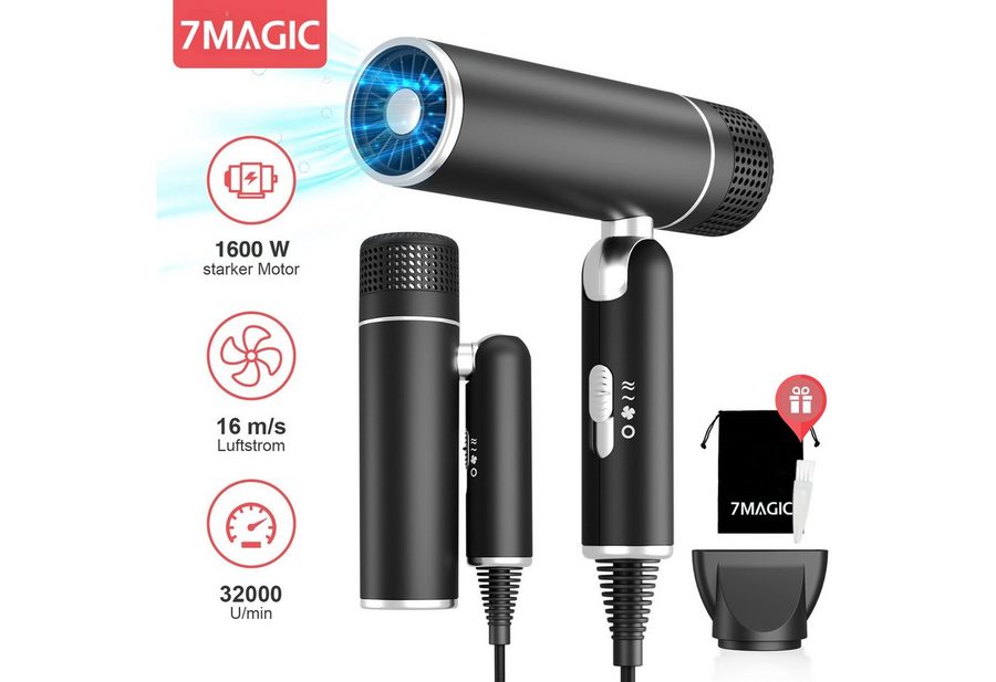 MCURO Haartrockner Faltbarer Ionen Reiseföhn, 1600,00 W, Anti-Frizz, 3 Temperaturstufen, 2 Luftstärken, für Urlaub & Alltag, mit Stylingdüse oder Diffusor, ultraleicht & platzsparend von MCURO