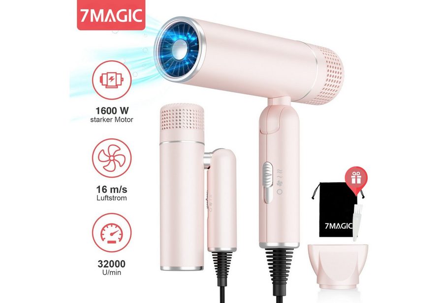 MCURO Haartrockner Faltbarer Ionen Reiseföhn, 1600,00 W, Anti-Frizz, 3 Temperaturstufen, 2 Luftstärken, für Urlaub & Alltag, mit Stylingdüse oder Diffusor, ultraleicht & platzsparend von MCURO