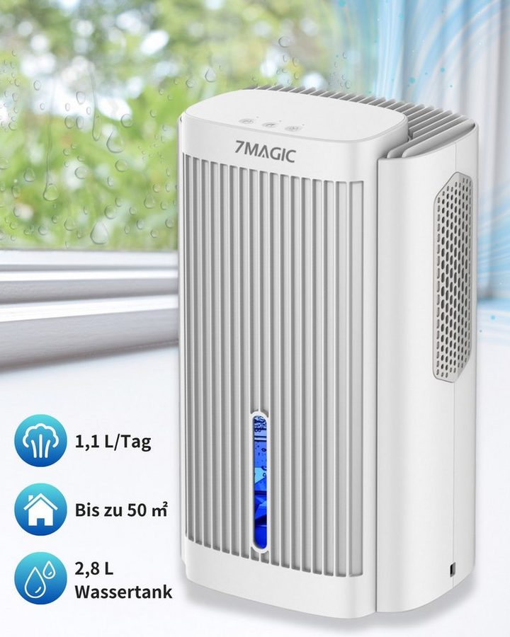 7MAGIC Luftentfeuchter, für 50 m³ Räume, Entfeuchtung 1,10 l/Tag, Tank 2,80 l, Luftentfeuchter Elektrisch, Entfeuchter Leise, Schlafmodus, LED-Licht von 7MAGIC
