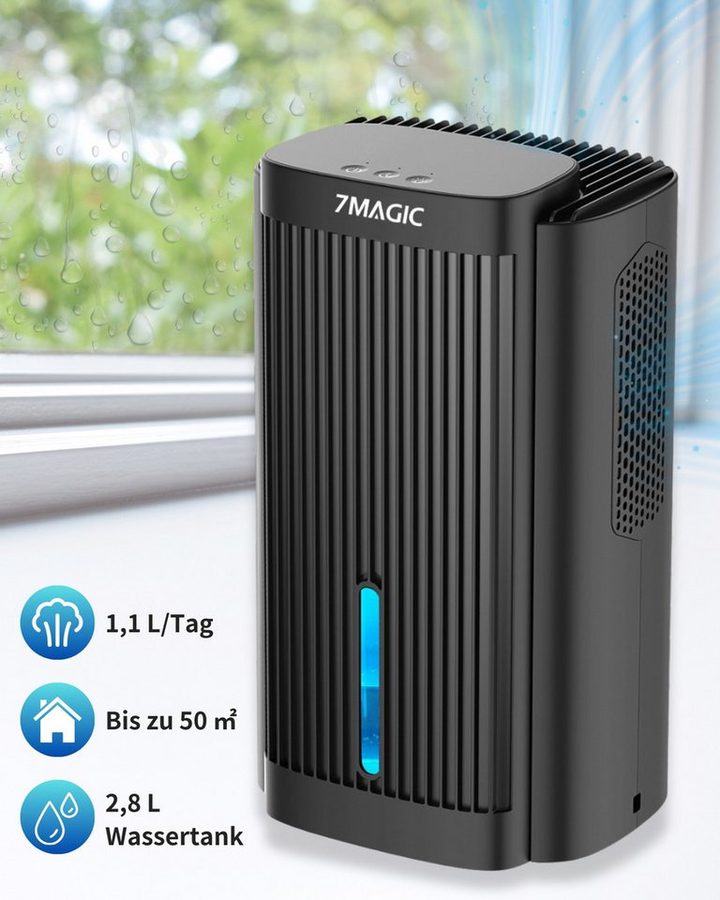 7MAGIC Luftentfeuchter, für 50 m³ Räume, Entfeuchtung 1,10 l/Tag, Tank 2,80 l, Luftentfeuchter Elektrisch, Entfeuchter Leise, Schlafmodus, LED-Licht von 7MAGIC