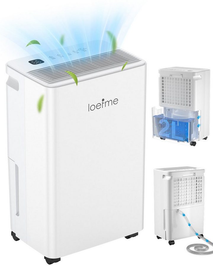 loefme Luftentfeuchter Kompressor 12L/Tag, Entfeuchter für Keller, Bad & Wohnräume, für 125 m³ Räume, Entfeuchtung 12,00 l/Tag, Tank 2,00 l, Ablaufschlauch, waschbarer Filter, 24h Timer, Abschaltautomatik von loefme
