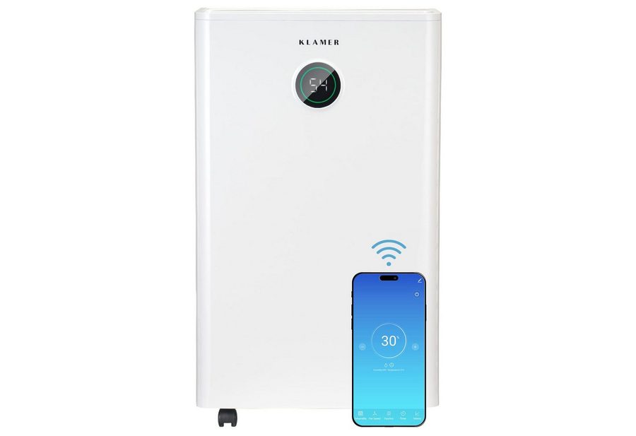 KLAMER Luftentfeuchter elektrisch 20L, 180m³ Luftumwälzung pro Stunde, 440W starker Raumentf…, Entfeuchtung 20 l/Tag, Timer 1-24h, diverse Modi, Nachtmodus, Feuchtigkeit in 5%-Schritten von KLAMER