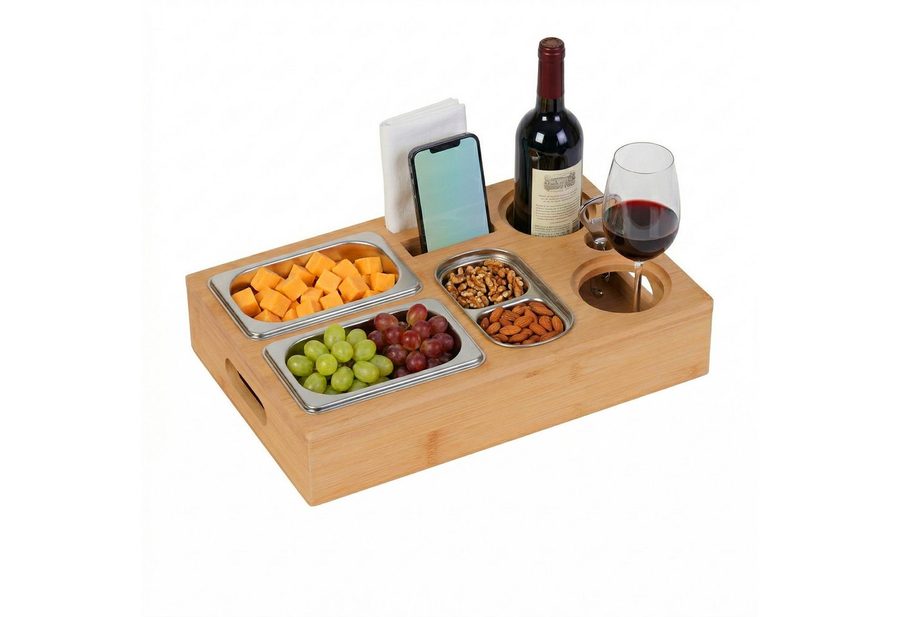 relaxdays Tablett Couchbar mit 3 Edelstahl-Snackschalen, Bambus, (4-tlg), natur von RELAXDAYS