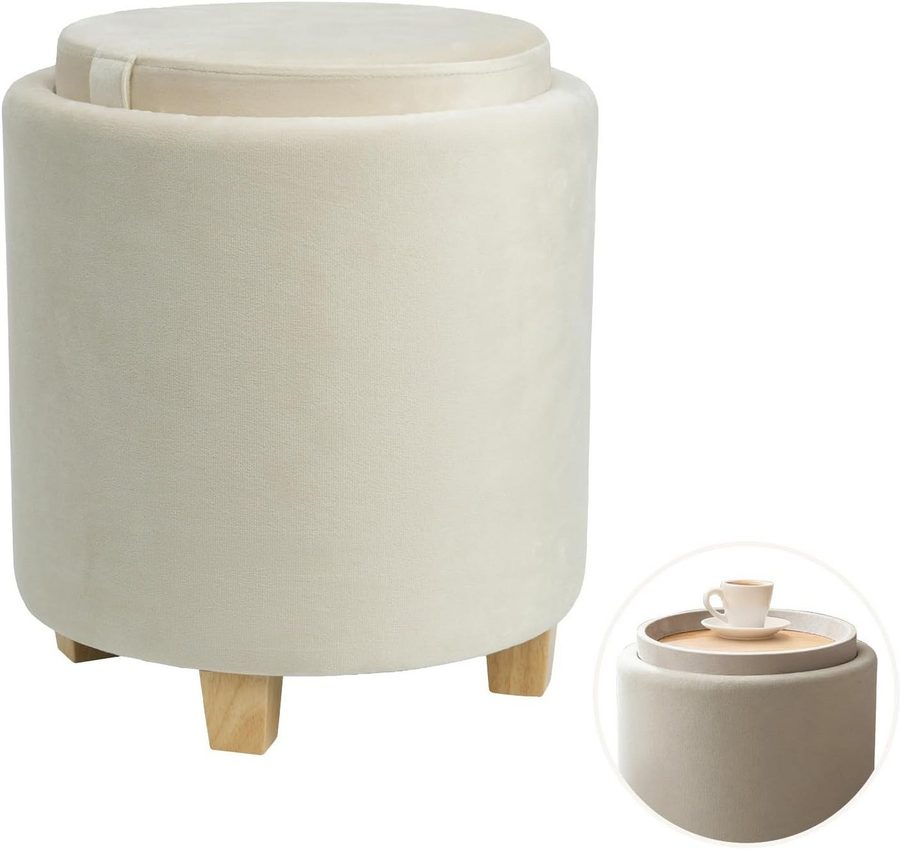 Zedelmaier Sitzhocker mit Stauraum rund Beige, Couchtisch, Sitzhocker mit Deckel, Fußhocker mit Aufbewahrungsbox, Polsterhocker mit Holzbeinen von Zedelmaier