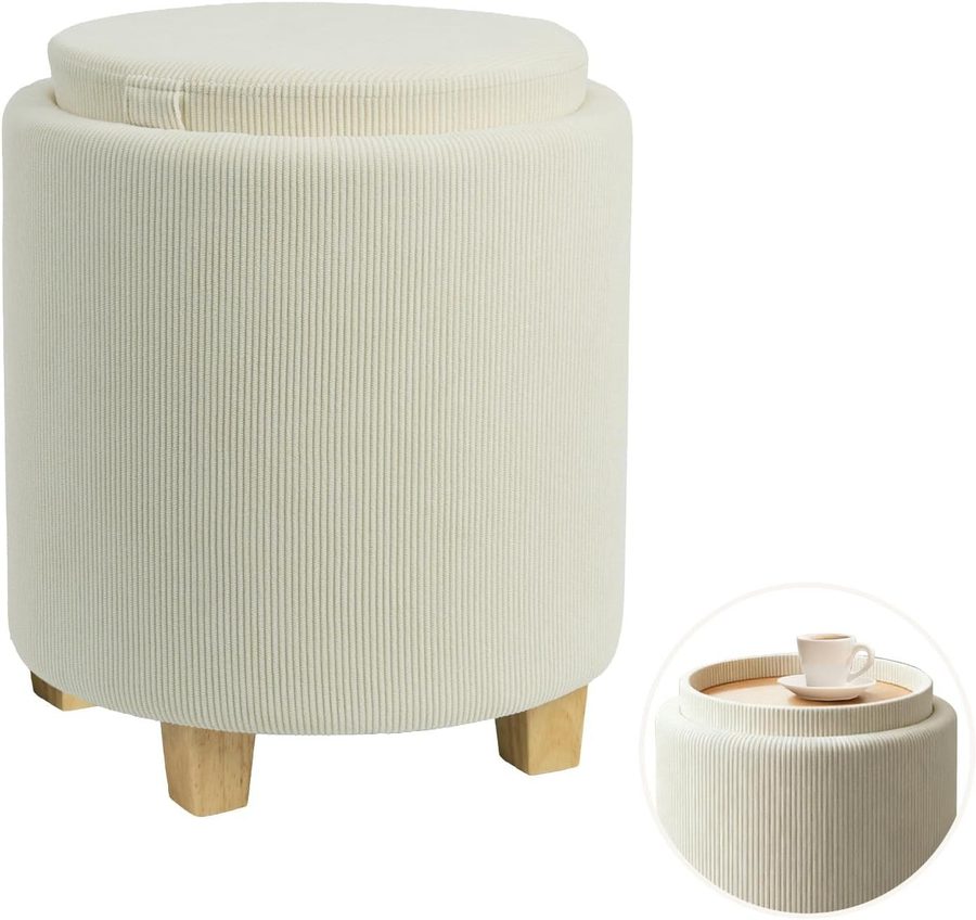 Zedelmaier Sitzhocker mit Stauraum rund Beige, Couchtisch, Sitzhocker mit Deckel, Fußhocker mit Aufbewahrungsbox, Polsterhocker mit Holzbeinen von Zedelmaier