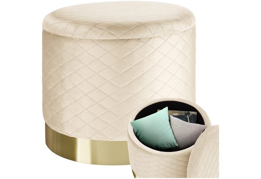 tectake Sitzhocker Hocker mit Stauraum in Samtoptik mit Steppmuster, 51 x 44,5 cm (Pouf Coco, in creme), rund, gepolstert, Belastbarkeit 300 kg von TECTAKE