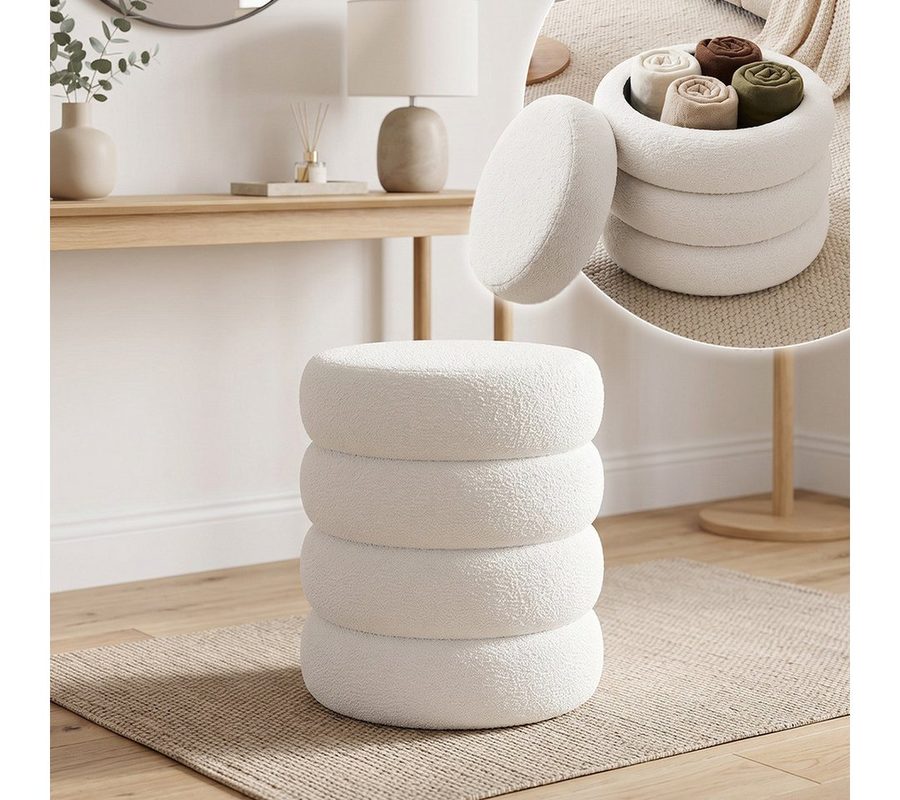 skølm Hocker Selene mit Stauraum, Sitzhocker & Polsterbank, Teddy Bouclé Stoff (creme-weiß, 42 × 42 × 47 cm), Aufbewahrungshocker mit Deckel, Polsterhocker für Schminktisch von skølm