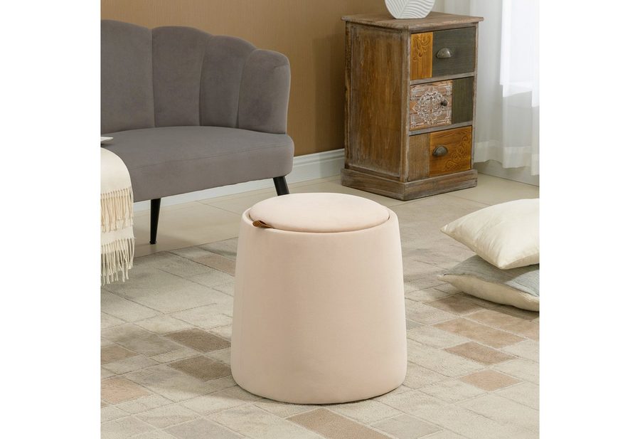 HOMCOM Sitzhocker 2-in-1 Hocker mit Deckel, Ottomane mit Samtoptik (Polsterhocker, 1 St., Sitzhocker), Beige Ø44 x 47,5 cm von HOMCOM