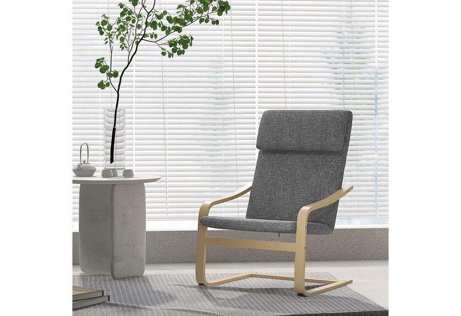 HOMCOM Relaxsessel Ruhesessel mit Kopfkissen für Wohnzimmer (Relaxstuhl mit Armlehne, 1-St., Esszimmerstuhl), Birkenholz, Dunkelgrau 65 x 69 x 98cm von HOMCOM