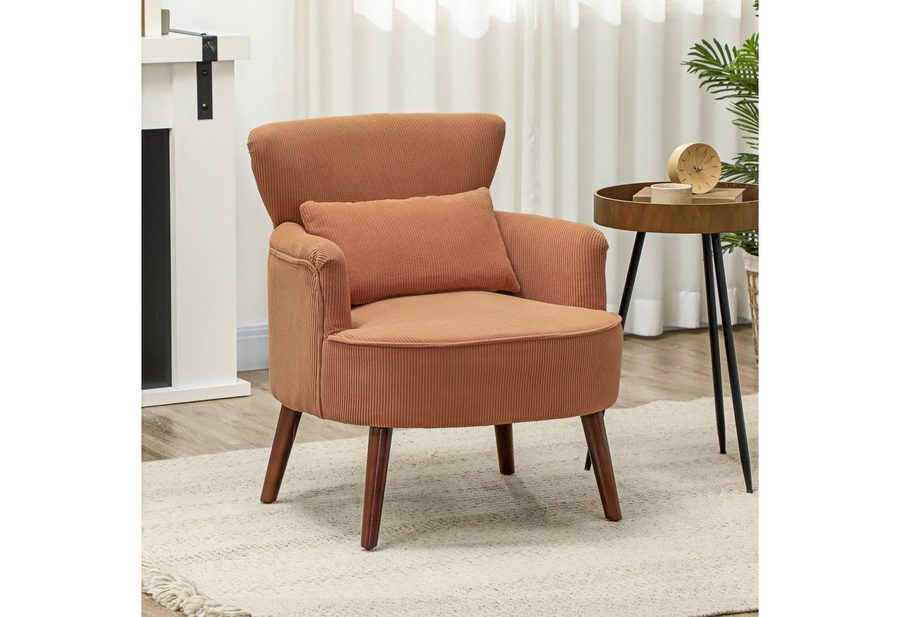 HOMCOM Sessel Polstersessel, Armlehnensessel mit Armlehnen und Kissen (Loungesessel, 1-St., Gepolstert Relaxsessel), mit Kordoptik, Holzbeinen, für Wohnzimmer, Schlafzimmer, Orange von HOMCOM