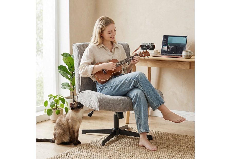 HOMCOM Relaxsessel Schneidersitz mit Samtoptik, Bürostuhl Ohne Armlehnen, Grau (Loungesessel, 1-St., Sessel), 360° Drehung, höhenverstellbar, breite Sitzfläche von HOMCOM