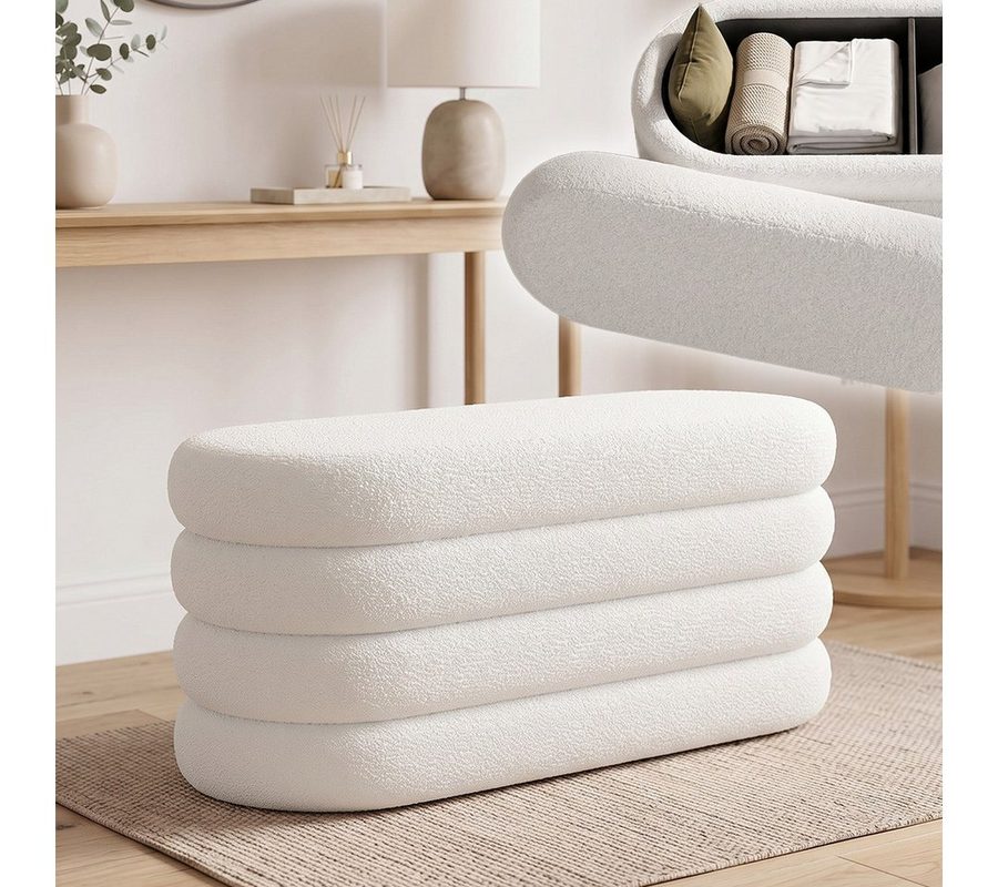 skølm Hocker Selene mit Stauraum, Sitzhocker & Polsterbank, Teddy Bouclé Stoff (creme-weiß, 110 × 45 × 42 cm), Aufbewahrungsbank mit Deckel, Sitztruhe für Schminktisch von skølm