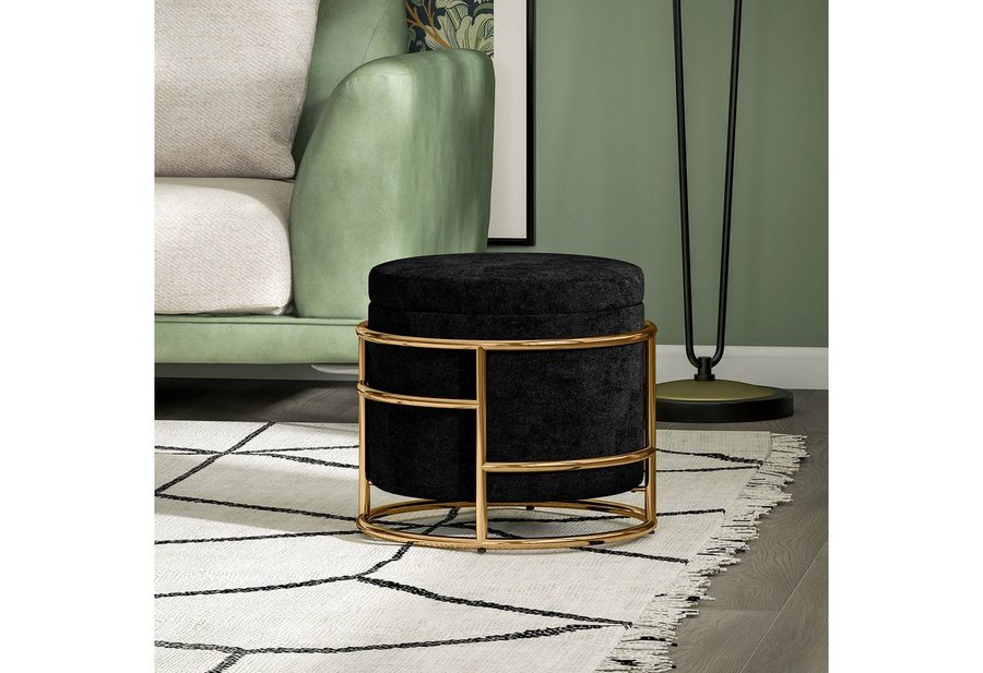 HOMCOM Sitzhocker Kleiner Hocker mit Deckel, runder Polsterhocker, mit Stauraum (Fußhocker, 1 St., Polsterhocker mit Stahrahmen), für Wohnzimmer Schlafzimmer, 42 x 42 x 39 cm, Schwarz von HOMCOM
