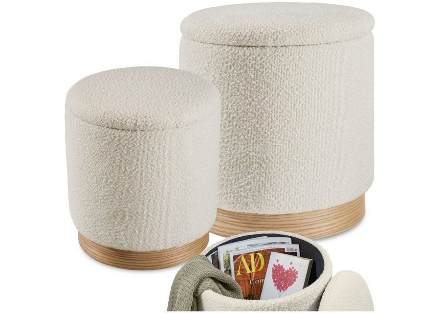 tectake Sitzhocker 2er Set runder hocker mit Stauraum, Belastbarkeit je 120 kg (Hocker mit Stauraum Orchide, mit Bouclé-Bezug in creme), großer Hocker 38 x 42 cm, kleiner Hocker 32 x 34 cm, gepolstert von TECTAKE