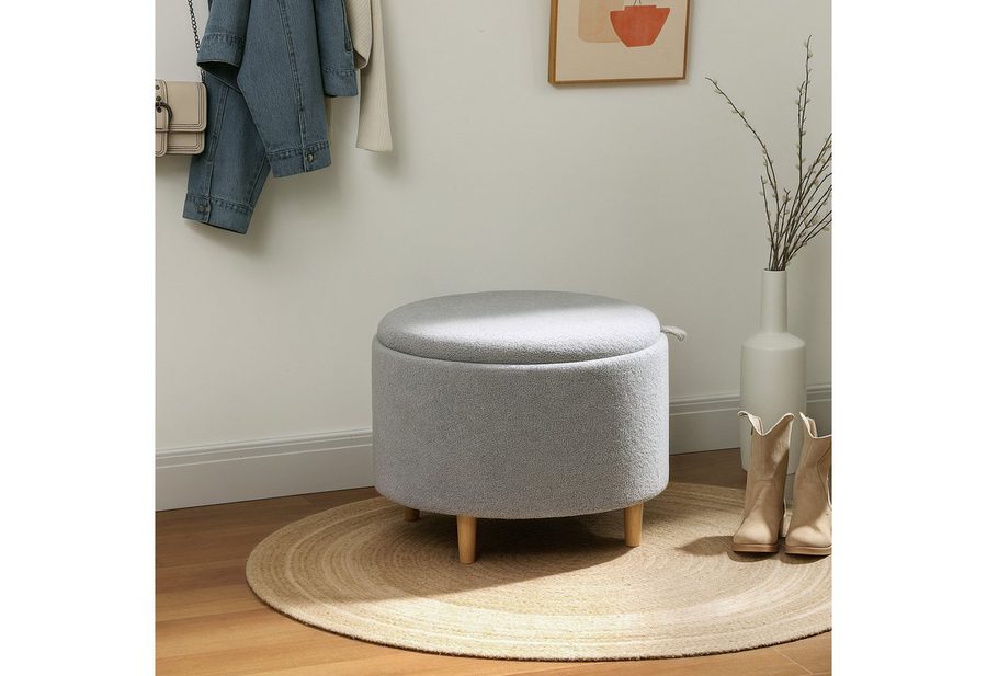 HOMCOM Sitzhocker Ottomane mit Stauraum, rund, modern, Klappdeckel und Holzbeinen (Hocker, 1 St., Polsterhocker), für Wohnzimmer, Schlafzimmer, Grau, Ø56 x 42 cm von HOMCOM