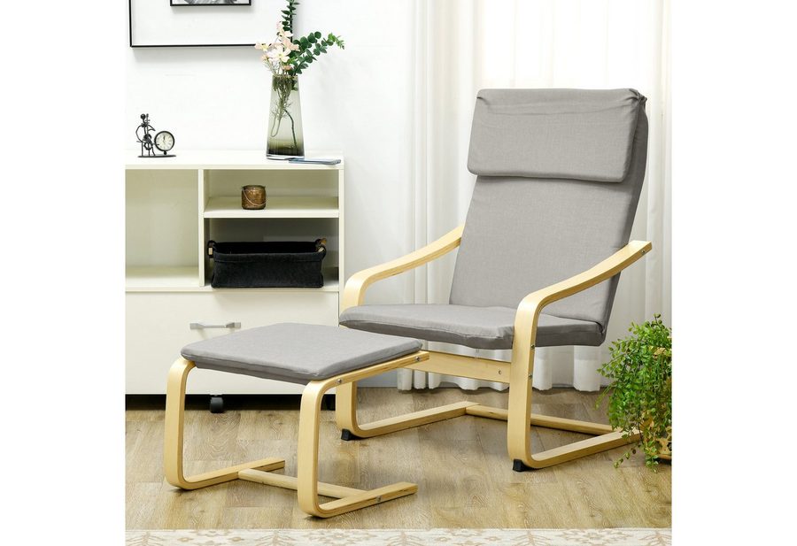 HOMCOM Relaxsessel mit Hocker, Armlehnen, Leinenoptik, Holzgestell, Hellgrau von HOMCOM