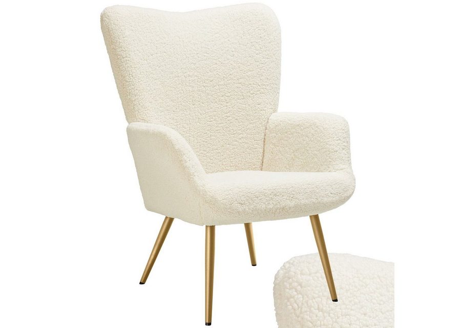 tectake Relaxsessel Polstersessel, bodenschonend, Belastbarkeit 150 kg, 72 x 76 x 100,5 (Fernsehsessel Hygge, in Bouclé Creme/Gold), gepolstert, Armlehnen und ergonomische Rückenlehne, runde Stahlbeine von TECTAKE