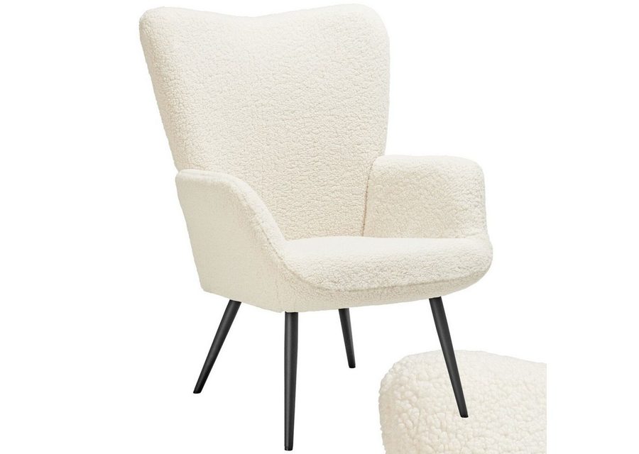 tectake Relaxsessel Gepolsterter Armlehnsessel mit ergonomischer Rückenlehne, Stahlbeine (Ohrensessel Hygge, in Bouclé creme/schwarz), Belastbarkeit 150 kg, bodenschonende Kunststoffkappen, Maße von TECTAKE