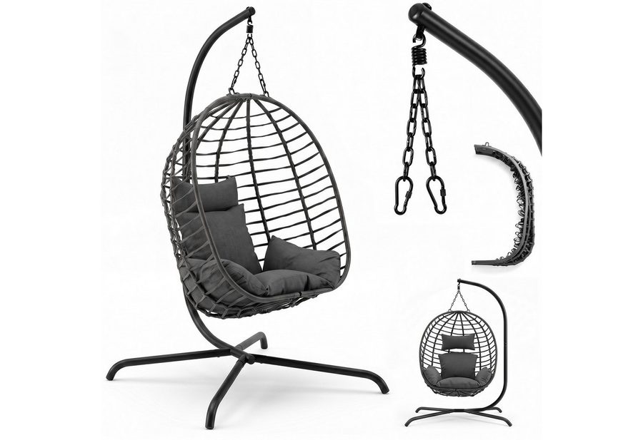Sekey Hängesessel mit Gestell Hängekorb Sessel Rattan klappbarer Hängestuhl als Schaukel, Outdoor und Indoor Garten, Balkon bis 150 kg belastbar mit Kissen von Sekey