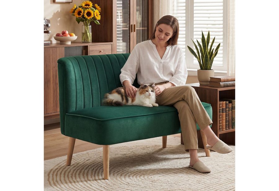 HOMCOM 2-Sitzer Sitzmöbel, Loungesofa, aus Holz, Samtartiges Polyster, Schaumstoff, Doppelsofa 1 Teile, für Wohnzimmer, Schlafzimmer, 117 x 56,5 x 77 cm, Dunkelgrün von HOMCOM