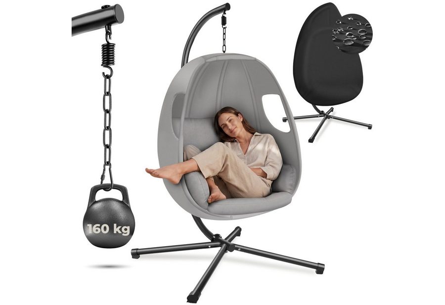 tectake Hängesessel Hängeliege mit Gestell 100x97x201 cm, für Indoor und Outdoor (Hängesitz Mit Gestell Anika, in Hellgrau), 360° drehbar, inkl. Schutzhülle, bis 160 kg belastbar von TECTAKE