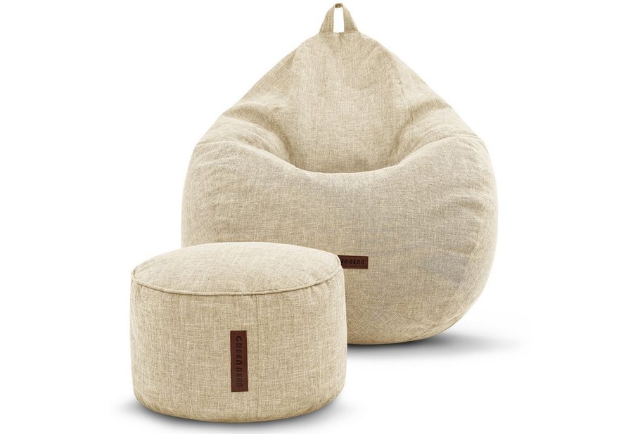 Green Bean Sitzsack Indoor Sitzsack L Home Linen + Hocker (2er Set Indoor Sitzsack 80x90x50cm + Sitzpouf 45x25cm mit EPS-Perlen Füllung -, Fußhocker Fußkissen Sitz-pouf Bodenkissen Liegekissen), Sitzkissen Lounge Chair Sitzhocker Relax-Sessel Bean Bag von Green Bean
