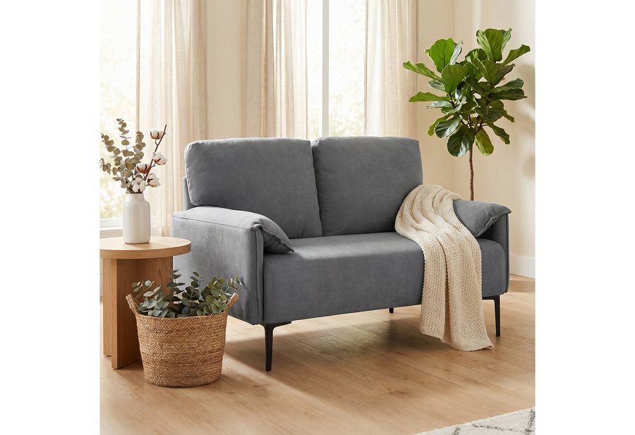 HOMCOM 2-Sitzer Sofa 127 Gepolstert Armlehne, Samtoptik, Loungesofa Kleine Räume, Couch 1 Teile, für Wohnzimmer, Schlafzimmer, Metallrahmen, Grau von HOMCOM