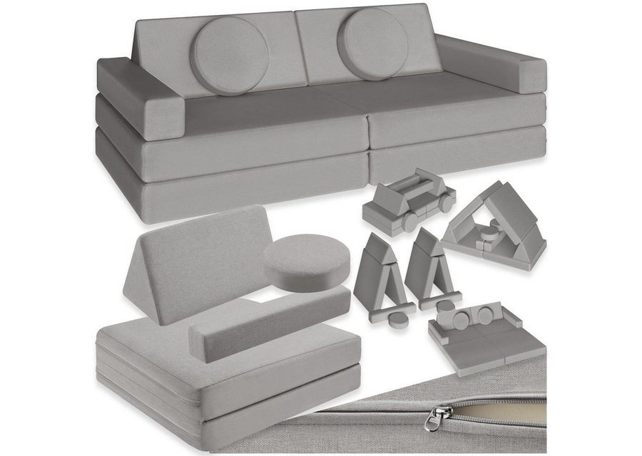 tectake Kindersofa Spielsofa, stapelbar, Schlaffunktion mit faltbaren Bodenkissen, Kinder-Couch Lilly, 8-teilig, dicke Polsterung, Leinenbezüge, abnehmbar und waschbar von TECTAKE