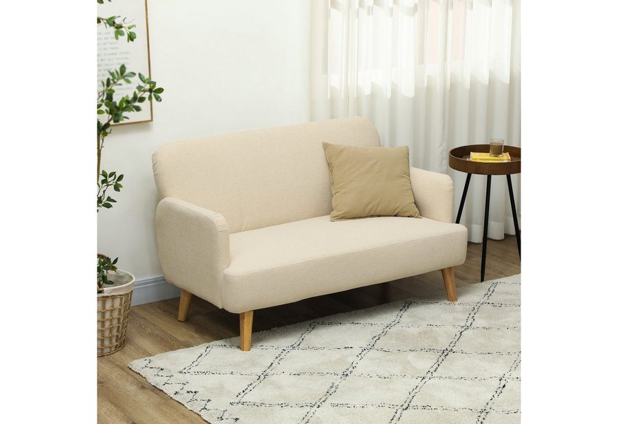 HOMCOM 2-Sitzer Kleine Couch mit Samtoptik, Holzbeine, Polstersofa mit Armlehne, Küchensofa 1 Teile, für Wohnzimmer, Schlafzimmer, 130 x 74 x 79 cm, Cremeweiß von HOMCOM