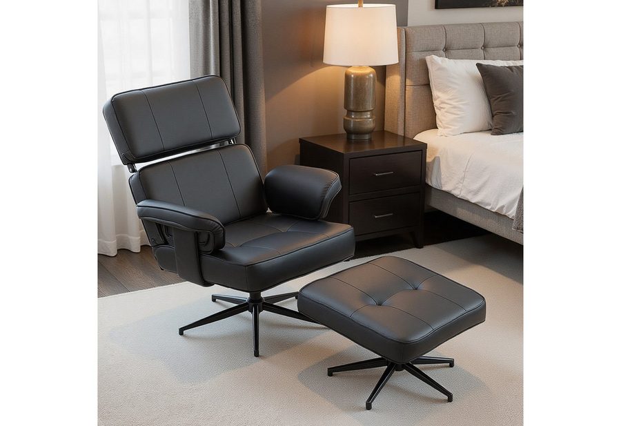 HOMCOM Relaxsessel Relaxsessel mit Hocker, Fernsehsessel mit Verstellbare Kopfstütze (Fernsehsessel, 2-St., Liegesessel), für Wohnzimmer, Schlafzimmer, Schwarz von HOMCOM